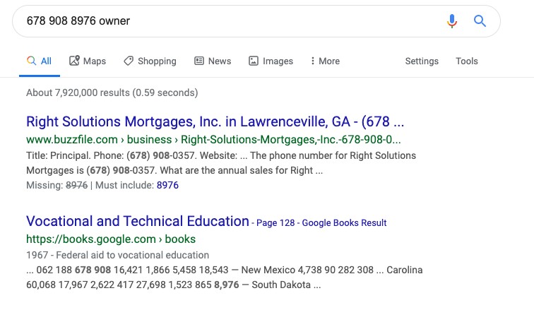 Google search results to know the owner of a cell phone number
